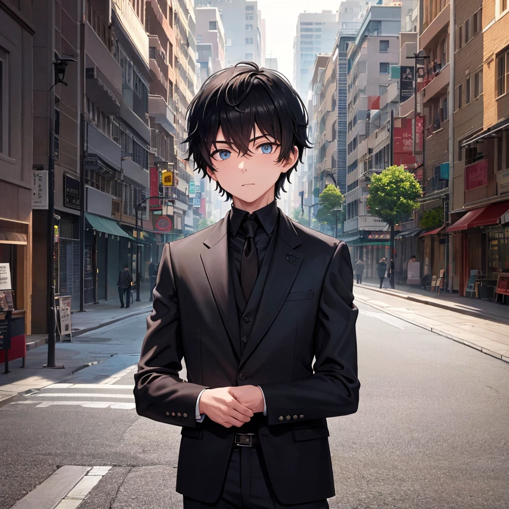 1boy, short black hair, light blue eyes, wearing all black suits, street, sunset, high res, ultrasharp, 8k, masterpiece, looking at viewer from behind
