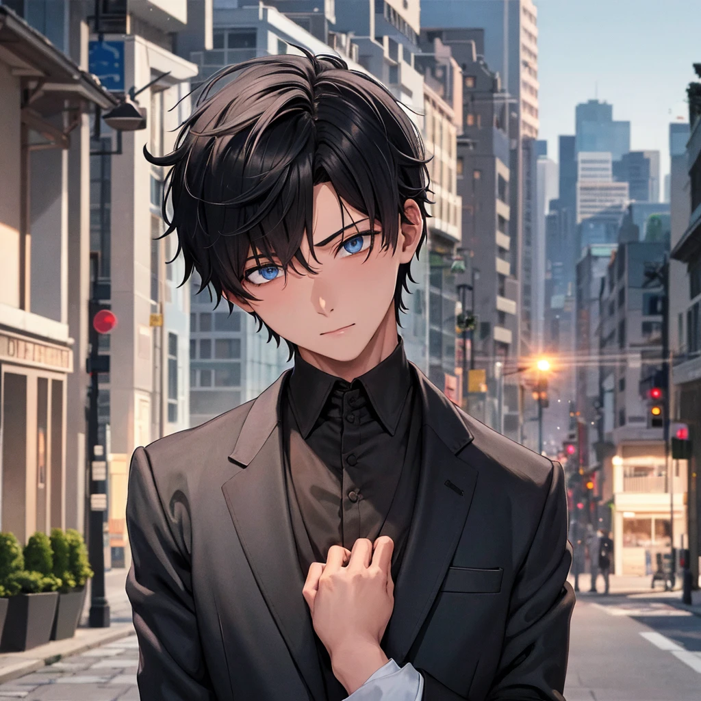 1boy, short black hair, light blue eyes, wearing all black suits, street, sunset, high res, ultrasharp, 8k, masterpiece, looking at viewer from behind