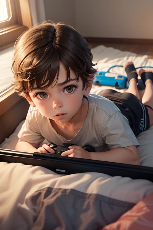 boy with brown hair, whole body, lying down, bottom bedroom, whole body, view from above, ps5 controller in hand,