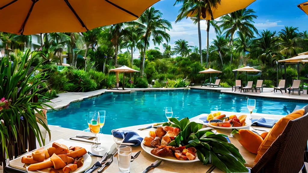 there is a table with food and drinks on it near a pool, al fresco, next to a tropical pool, poolside, tropical setting, resort, warm and joyful atmosphere, vibrant setting, recreation, paradise in the background, majestic masterpiece, tropical pool, outstanding detail, hard morning light, exclusive, masterpiece work of art, lisa kristine, wonderful masterpiece, yummy