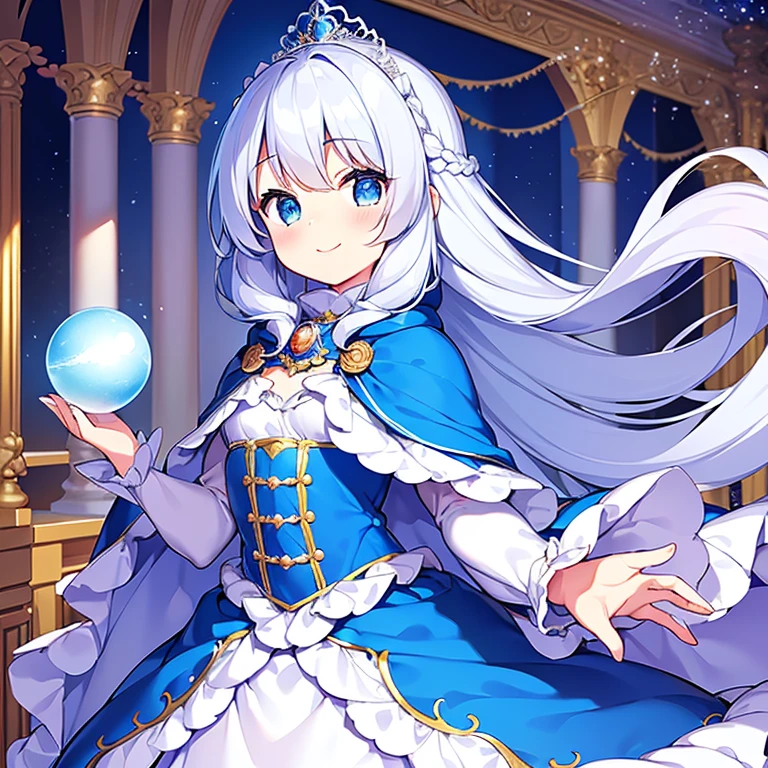 looking at viewer,(kawaii),(best quality),(ultra detailed), upper body,(rococo style),(long train blue cape:1.15), very long cape,(long train white ball gown with flower decorations:1.1), a girl is wearing a cape over her gown, 1 little princess, tiara, smile, very long hair, small breasts