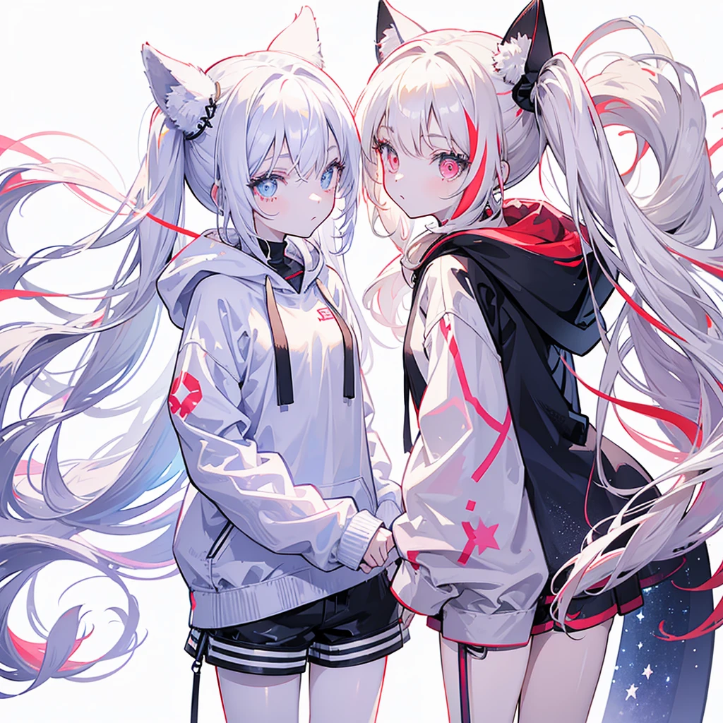 Two girls,
the first one has red eyes and beige hair in twin tails,
the second one has blue eyes and white hair in side tails,
they are both wearing sporty hoodies and shorts in monochrome, colorful on white background, glowing, stars, light, ephemeral,, mirrornun