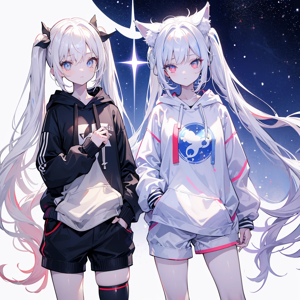 Two girls,
the first one has red eyes and beige hair in twin tails,
the second one has blue eyes and white hair in side tails,
they are both wearing sporty hoodies and shorts in monochrome, colorful on white background, glowing, stars, light, ephemeral,, mirrornun