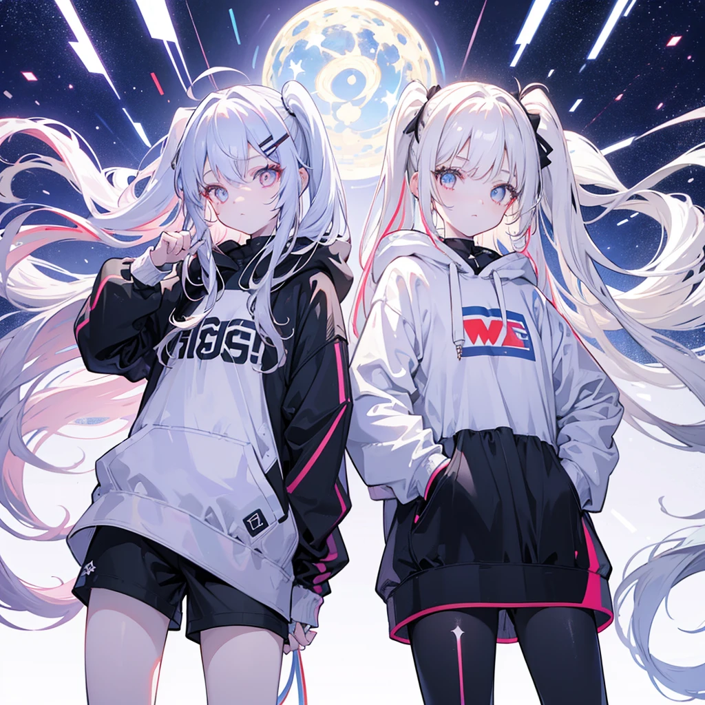 Two girls,
the first one has red eyes and beige hair in twin tails,
the second one has blue eyes and white hair in side tails,
they are both wearing sporty hoodies and shorts in monochrome, colorful on white background, glowing, stars, light, ephemeral,, mirrornun