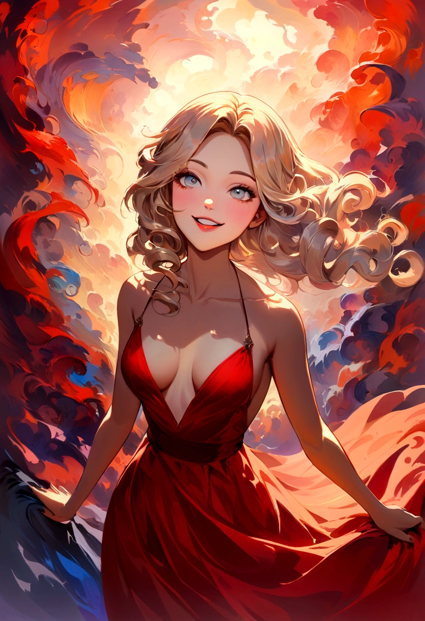 portraite of a woman, beautiful nordic young woman, Long champagne hair with curls, smiling eyes, looking up at the camera, smiling mouth, Red dress with plunging neckline, Acrylic painting, Bold and expressive brush strokes, Impressionistic style, Detailed Face, Epic Surreal Background, Very heavy brushstrokes with thick textured paint, Professional Lighting & Shadows, High contrast, Fine arts of painting, Wadim Kashin.