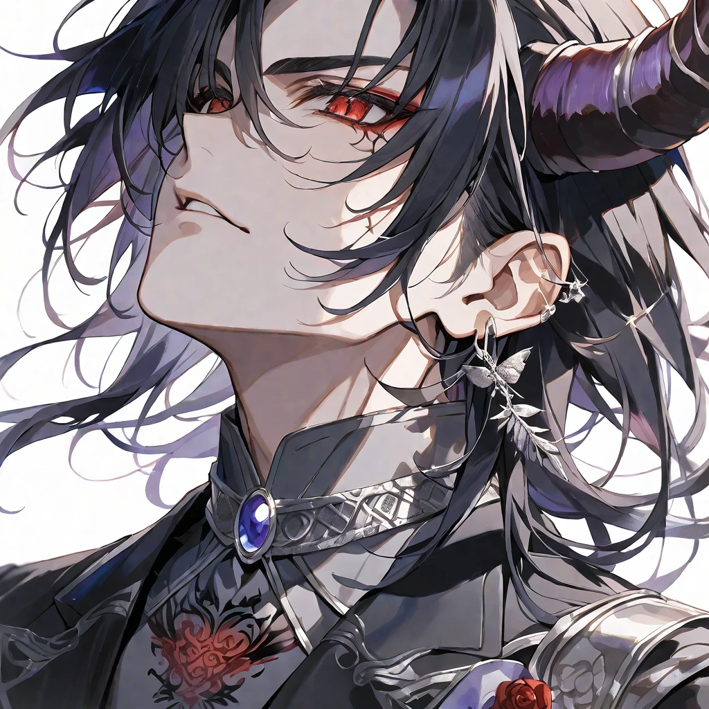 solo,handsome, Watercolor,
1. male,
hime cut,Straight Hair,long Hair,
black hair, Gojo Satoru,
red Eyes,Black Rose Tattoo,butterfly Tattoo,
black suit, Devil's Horn, Devil's Feather,
skin,Silver Accessories,Prince,Face up,icon,
White background,