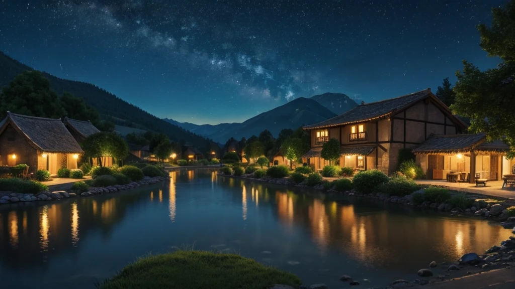 Tranquil village view under the night sky.