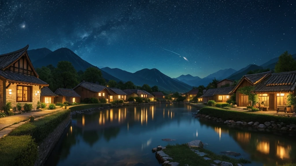 Tranquil village view under the night sky.