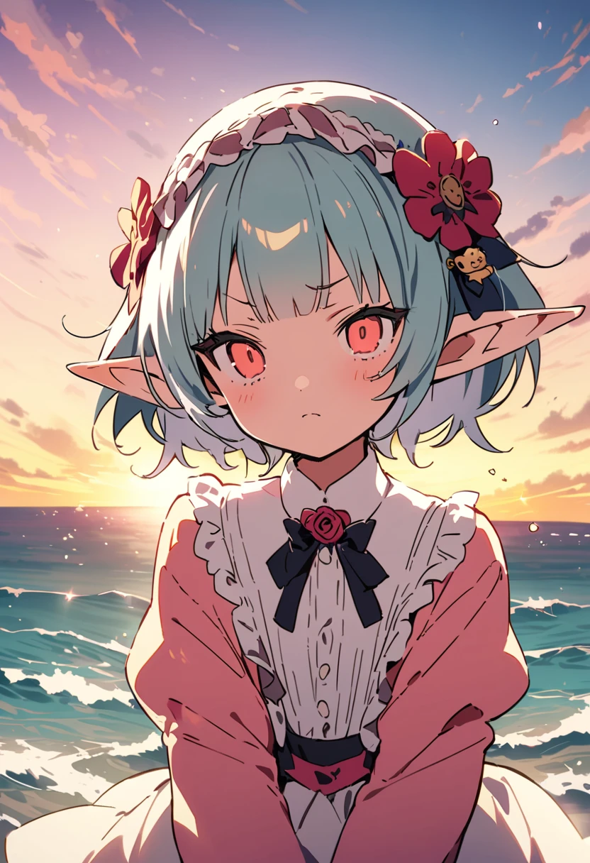 masterpiece, Highest quality, Illustration of the novel, High resolution, 18+ Adult content, Sensual, Intimate, Emotional, Passionate, romantic, sweet, Adorable, Innocent, Pure, charmな, charmな, charm, mysterious, charmな, charmな, Immersive, charmな, dream-like, Surreal, Imaginative, Whimsical, Artistic, Avant-garde, timeless, elegant, Sophisticated, chic, Sophisticated, Personality, original, charmな,((Loli Elf:1.3)),((A look of disgust:1.3))、Upper Body、(a bit),((Sunrise Time/Sunrise time/sunrise time:1.3))