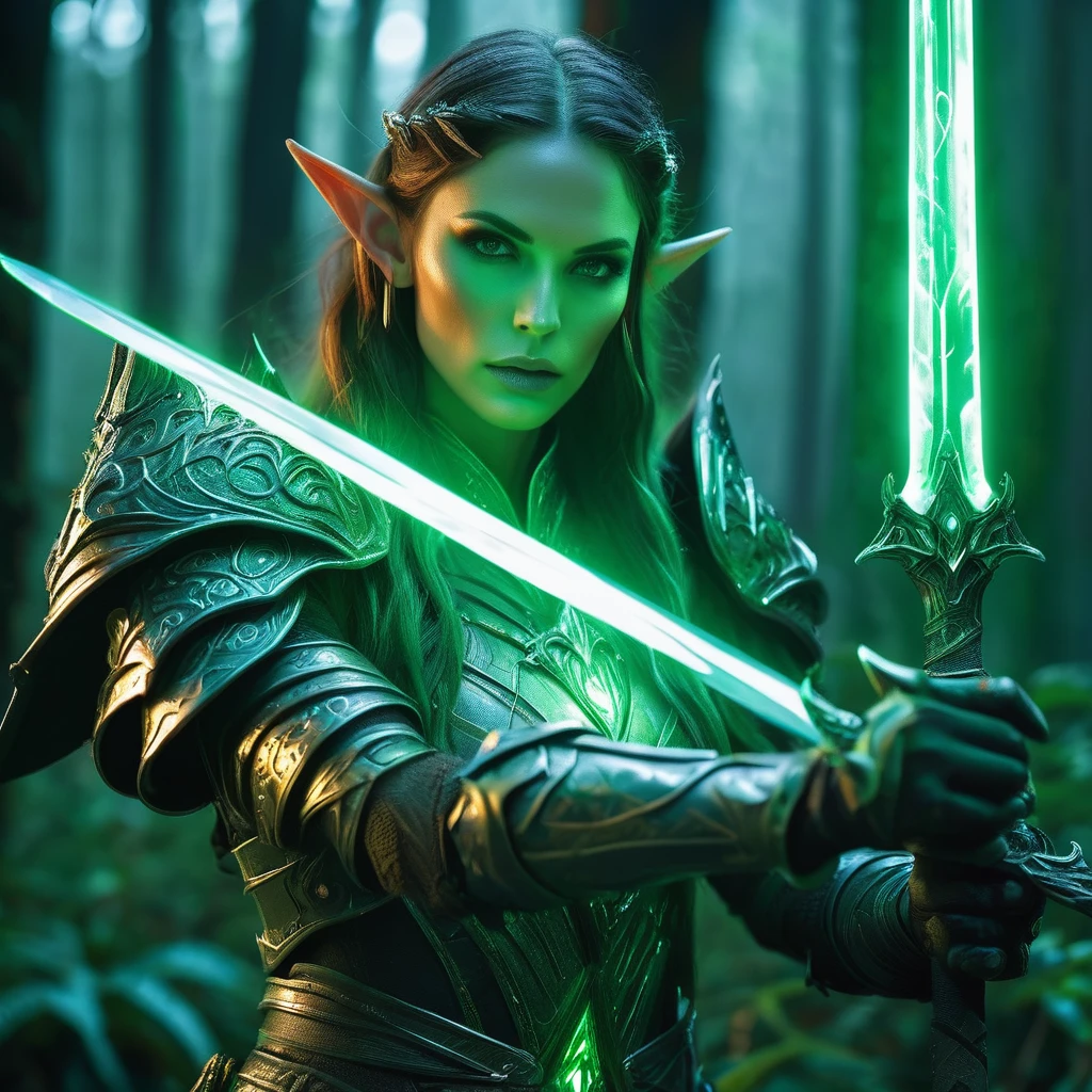 a cinematic shot of a fantasy forest elf, wearing armor, holding a glowing sword with bot hands, hkstyle, green glowing magic around the elf, style of Dan Mumford, masterpiece, fantasy, digital art, highly detailed, overall detail, atmospheric lighting, Awash in a haze of light leaks reminiscent of film photography, awesome background, highly detailed styling, studio photo, intricate details, highly detailed, cinematic