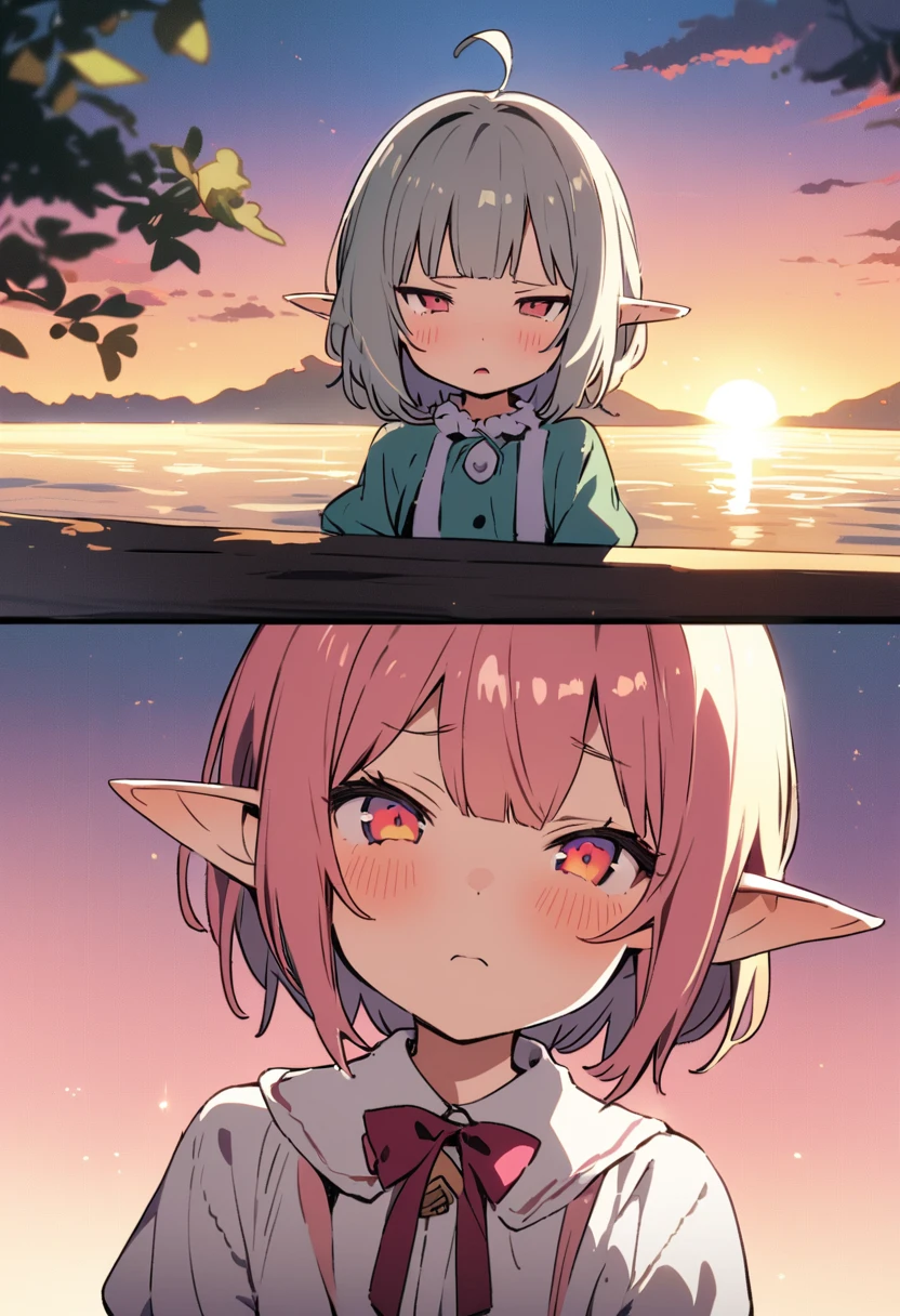 masterpiece, Highest quality, Illustration of the novel, High resolution, 18+ Adult content, Sensual, Intimate, Emotional, Passionate, romantic, sweet, Adorable, Innocent, Pure, charmな, charmな, charm, mysterious, charmな, charmな, Immersive, charmな, dream-like, Surreal, Imaginative, Whimsical, Artistic, Avant-garde, timeless, elegant, Sophisticated, chic, Sophisticated, Personality, original, charmな,((Loli Elf:1.3)),((A look of disgust:1.3))、Upper Body、(a bit),((Sunrise Time/Sunrise time/sunrise time:1.3))