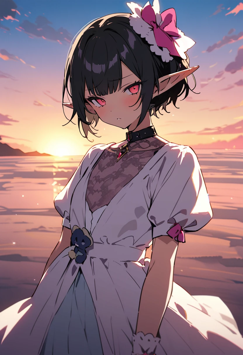 masterpiece, Highest quality, Illustration of the novel, High resolution, 18+ Adult content, Sensual, Intimate, Emotional, Passionate, romantic, sweet, Adorable, Innocent, Pure, charmな, charmな, charm, mysterious, charmな, charmな, Immersive, charmな, dream-like, Surreal, Imaginative, Whimsical, Artistic, Avant-garde, timeless, elegant, Sophisticated, chic, Sophisticated, Personality, original, charmな,(( Elf:1.3)),((A look of disgust:1.3))、Upper Body、(a bit),((Sunrise Time/Sunrise time/sunrise time:1.3))