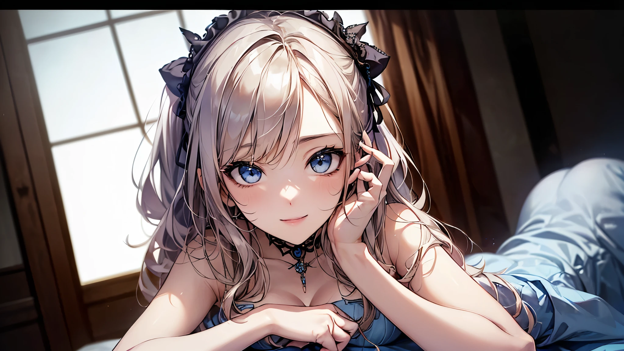 ((Biologically correct limb count))、((whole body including face))、4K、Masterpiece、((Focus on the face))、((Symmetrical, well-proportioned facial features))、Eyes with delicate depictions、(((One beautiful woman)))、Outstanding style、Slender Body、((Headband、Gothic Lolita、Blue Dress、(High heels)))、(smile)、(Close-up photo of the upper body)、High angle、Look Up、Photo with white border、looking at the camera、Strike a sexy pose for the camera