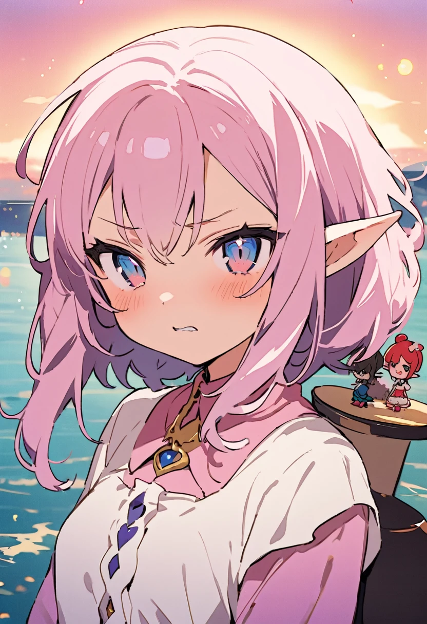 masterpiece, Highest quality, Illustration of the novel, High resolution, 18+ Adult content, Sensual, Intimate, Emotional, Passionate, romantic, sweet, Adorable, Innocent, Pure, charmな, charmな, charm, mysterious, charmな, charmな, Immersive, charmな, dream-like, Surreal, Imaginative, Whimsical, Artistic, Avant-garde, timeless, elegant, Sophisticated, chic, Sophisticated, Personality, original, charmな,((Loli Elf:1.3)),((A look of disgust:1.3))、Upper Body、(a bit),((Sunrise Time/Sunrise time/sunrise time:1.3))