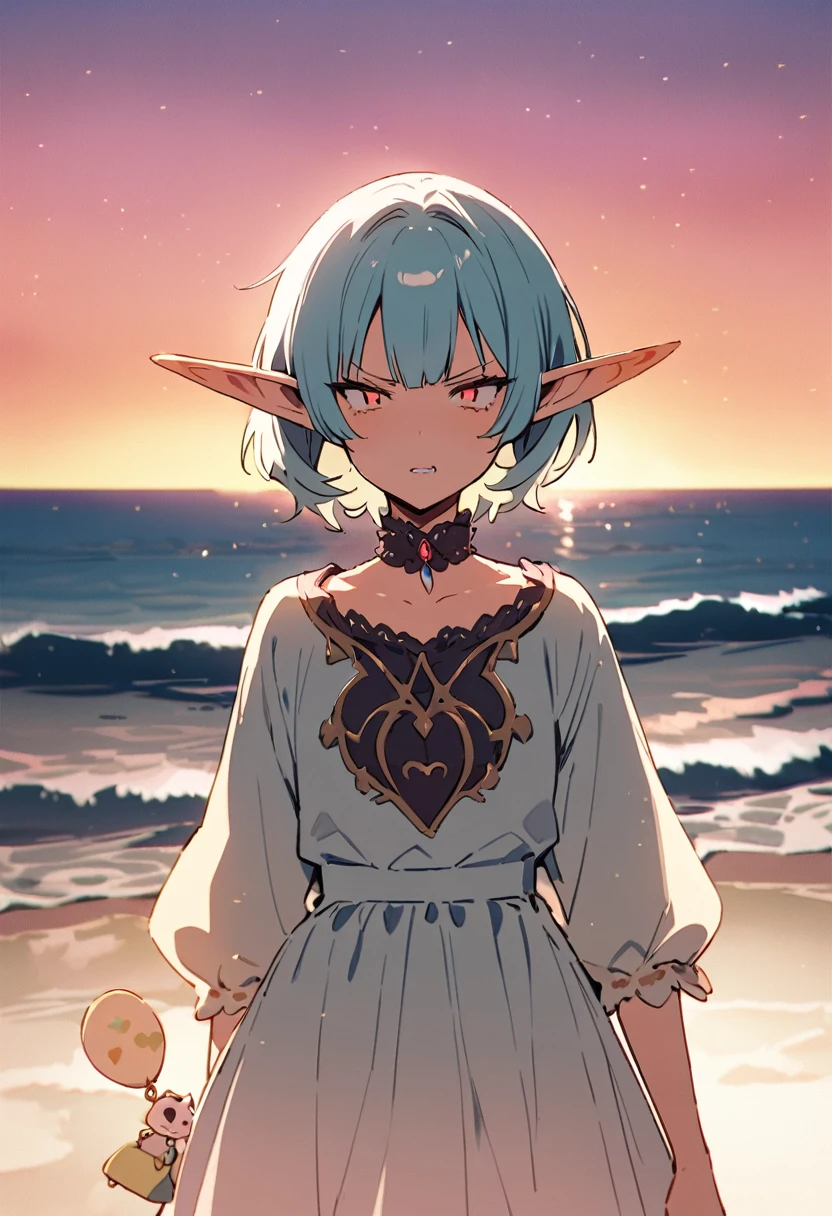 masterpiece, Highest quality, Illustration of the novel, High resolution, 18+ Adult content, Sensual, Intimate, Emotional, Passionate, romantic, sweet, Adorable, Innocent, Pure, charmな, charmな, charm, mysterious, charmな, charmな, Immersive, charmな, dream-like, Surreal, Imaginative, Whimsical, Artistic, Avant-garde, timeless, elegant, Sophisticated, chic, Sophisticated, Personality, original, charmな,(( Elf:1.3)),((A look of disgust:1.3))、Upper Body、(a bit),((Sunrise Time/Sunrise time/sunrise time:1.3))