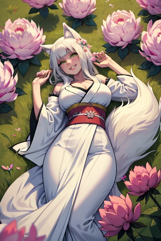 young white haired wolf woman with green eyes with an hourglass figure and white wolf ears and a white wolf tail in a pretty kimono is laying in a field of peonies with a big smile