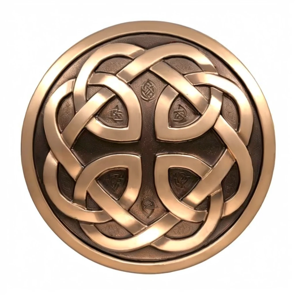 a close up of a metal button with a celtic design, 3 d celtic knot, celtic knot, celtic symbols, celtic golden symbols, celtic knots, celtic art style, celtic art, celtic, celtic culture, made of polished broze, celtic norse frankish, bronze material, celtic designs, made of bronze, ancient symbol behind it, medallion, bronze, copper