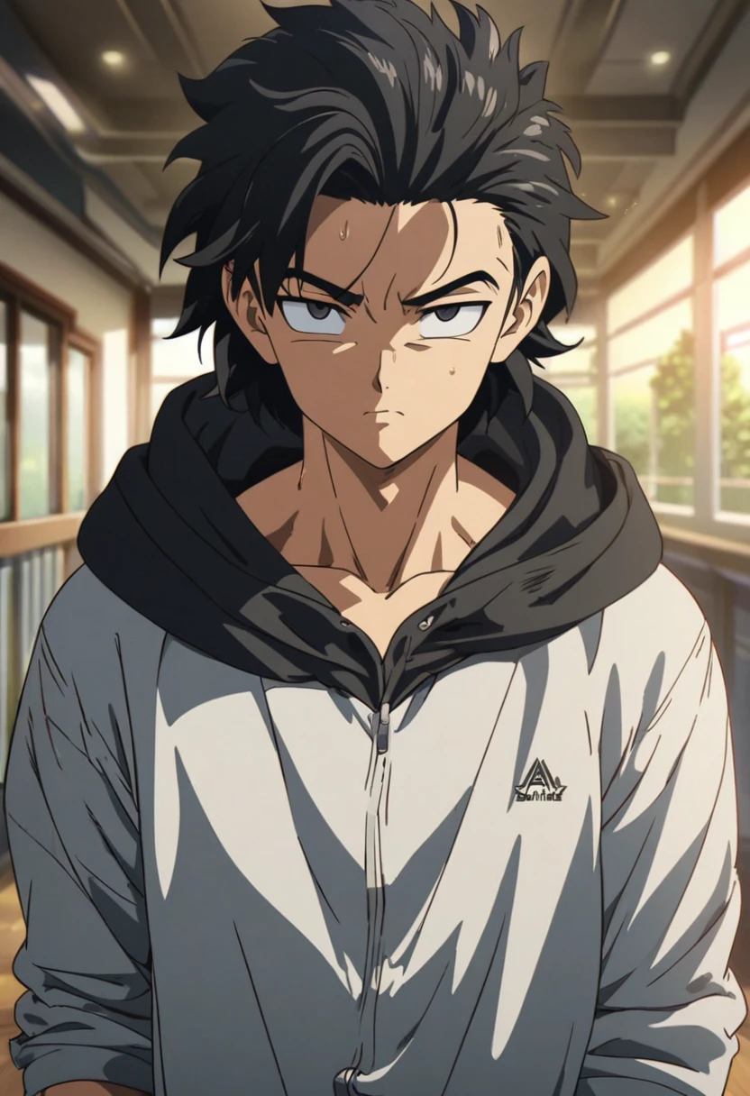 A highschool boy, handsome, perfect body, black hair, short hair, mullet, black eyes, upturned eyes, expressionless, black hood, anime, first-person view, dragonball art style, masterpiece, anatomically correct, high details, highres, best quality, super detail, 1080P