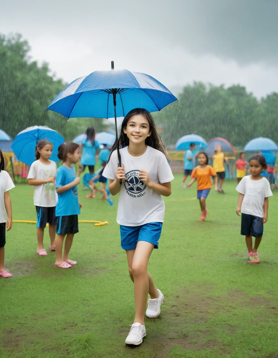 Italy. A realistic image of a 13-year-old girl at a summer recreational center at a sports facility, surrounded by many children. She is wearing shorts and a t-shirt, which are slightly damp from the light drizzle. The sky is very cloudy, indicating an overcast day, and there is a gentle rain falling. The girl is at the center of the image, engaging with the children around her. Some children may be holding umbrellas or wearing raincoats. The background shows various sports equipment and activities typical of a summer camp, such as a soccer ball, jump ropes, and hula hoops. The setting includes a mix of grassy areas and playground structures, all slightly wet from the rain. The overall atmosphere is lively and cheerful despite the rainy weather