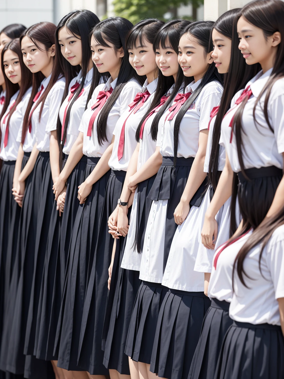 A group of 10 female students standing in a row、smile、Women&#39;s dormitory、Completely ?????、slender、Tight waist、Big Breasts、Beautiful breasts、Japanese