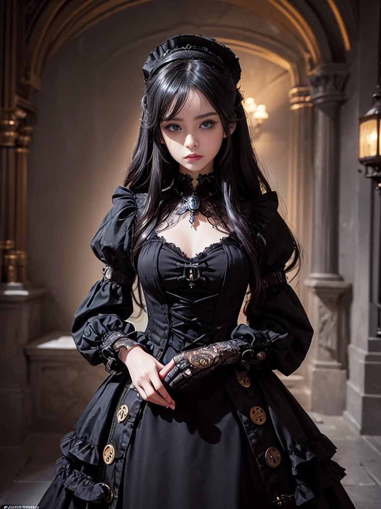 (((masterpiece, Highest quality, Super detailed))), (((1 Infinity Mage Girl))), 14 years old, (((Highly detailed face))), Small, thin nose, A small, thin-lipped mouth, (((Very sharp focused eyes))), Very large slit-shaped, precise pale grey eyes, Shining like a jewel. Very long eyelashes, long black hair with black vertical curls,, with fringes, ((Steampunk fashion, Gothic Lolita Fashion))