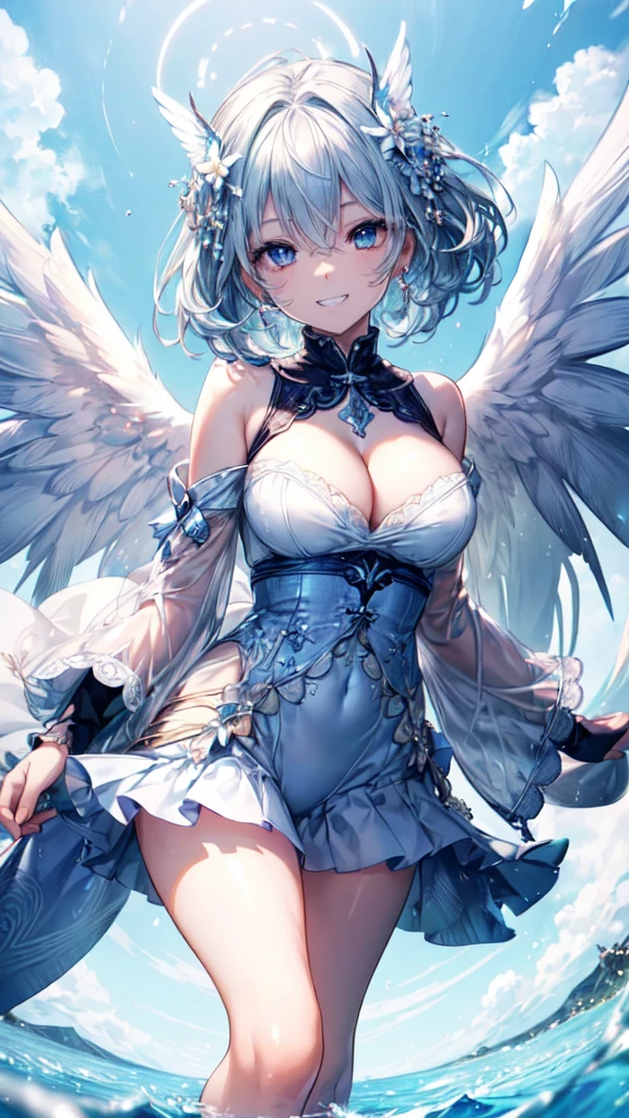 ((masterpiece, sidelighting, finely detailed beautiful eyes: 1.2)), ultra-detailed, ultra high res, professional lighting, beautiful blue sky, high quality makeup, beautiful detailed eyes, sexy, beautiful, big eyes, (drooping eye:1.3), (seraph), solo, alone, slender body, (Circle of Angels:1.2), (Angel Wings:1.3), (Floating in the sky:1.4), blue sapphire eyes, wide sleeves, outdoors, highest quality, ultra detailed, Soft light, (rime:1.3), Extremely cute, (extremely detailed beautiful face), Authentic skin texture, beautiful hair, beautiful face, beautiful eyes, beautiful body, beautiful hands, (grin smile:1.6), (face focus, cleavage breasts focus, thigh focus:1.4)