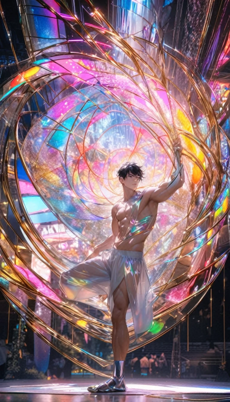 (Highest quality:1.2),One man,alone,Are standing_Split,whole body, Photo of a Japanese man in his 20s made of shiny white and silver translucent glass and plastic,Muscular and shirtless, Silver metal interior, Dynamic pose, Flow organic structure, A sparkling golden circuit, colorful Neon decoration, Ball of Light, Illumination, Illumination回路, Neon decoration, Depth of Field Focus F/2.8, H'art.right. liver, Greg rightutowski