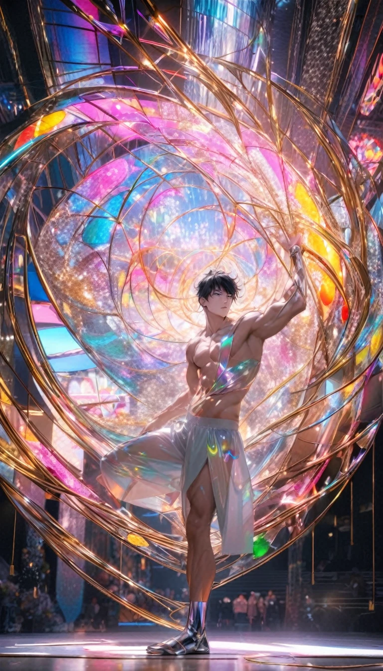 (Highest quality:1.2),One man,alone,Are standing_Split,whole body, Photo of a Japanese man in his 20s made of shiny white and silver translucent glass and plastic,Muscular and shirtless, Silver metal interior, Dynamic pose, Flow organic structure, A sparkling golden circuit, colorful Neon decoration, Ball of Light, Illumination, Illumination回路, Neon decoration, Depth of Field Focus F/2.8, H'art.right. liver, Greg rightutowski