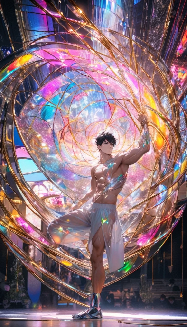 (Highest quality:1.2),One man,alone,Are standing_Split,whole body, Photo of a Japanese man in his 20s made of shiny white and silver translucent glass and plastic,Muscular and shirtless, Silver metal interior, Dynamic pose, Flow organic structure, A sparkling golden circuit, colorful Neon decoration, Ball of Light, Illumination, Illumination回路, Neon decoration, Depth of Field Focus F/2.8, H&#39;art.right. liver, Greg rightutowski