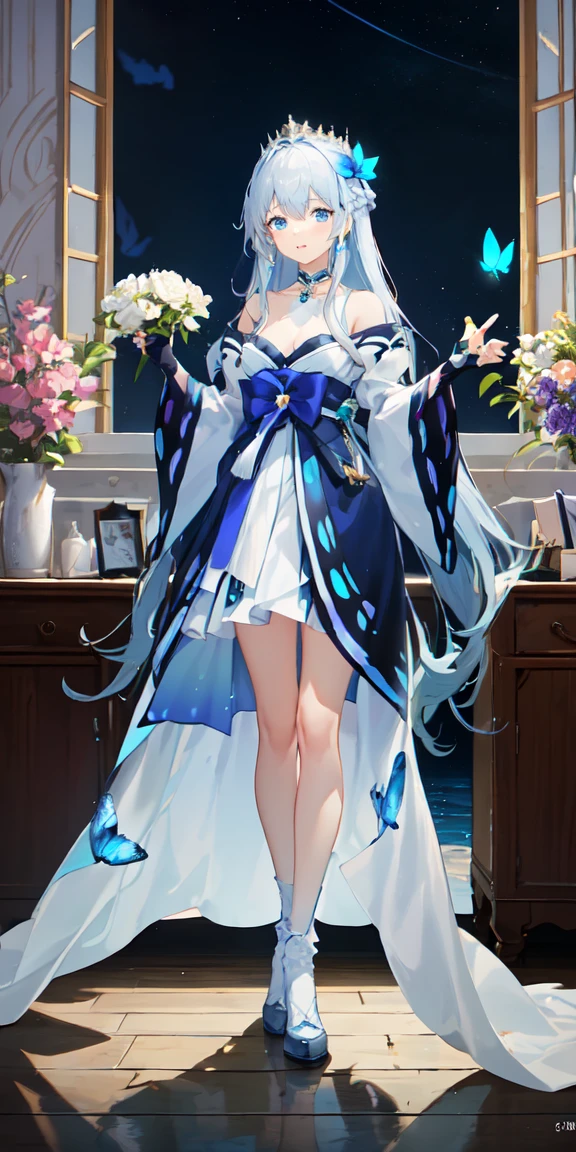(俯瞰figure),Dynamic Angle,Super detailed, figure, close, Straight, One girl, (Fantasy:1.4), (blue eyes:1.233),Her eyes shone like dream-like stars,(Glowing Eyes:1.233),(Beautiful and detailed:1.1),(Silver Hair:1.14),(Messy Hair,Very long hair,French Braid,Hair between the eyes,Side Lock), (+(Blue Hair Flower:1.14)),(Chiffon dress,blue floral pattern on uniform)/=(uniform:1.24),(Removable sleeves,Wide sleeves),(Fingerless gloves),choker,(Shrine Maiden Knee Socks),High heel boots,(Expressionless,Mouth closed),(Are standing), (In the white ancient palace、Classic princess bedroom with dressing table and French windows),(White flower,bloom),(Deep Sea),(water flowing),(Dull Blue World Tree:1.14),(Remains),(night:1.2),dream-like,soul,(fluorescence),(Flying translucent blue butterfly:1.15), [[Delicate fingers and hands:0.55]::0.85],(Finger details),(Soup packets:0.5),