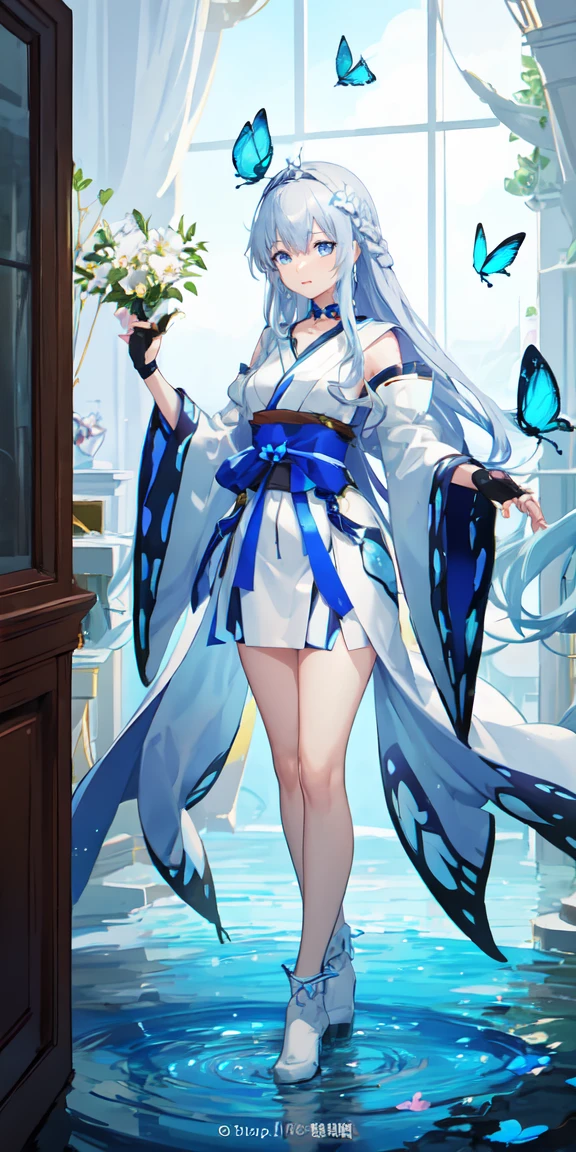 (俯瞰figure),Dynamic Angle,Super detailed, figure, close, Straight, One girl, (Fantasy:1.4), (blue eyes:1.233),Her eyes shone like dream-like stars,(Glowing Eyes:1.233),(Beautiful and detailed:1.1),(Silver Hair:1.14),(Messy Hair,Very long hair,French Braid,Hair between the eyes,Side Lock), (+(Blue Hair Flower:1.14)),(Chiffon dress,blue floral pattern on uniform)/=(uniform:1.24),(Removable sleeves,Wide sleeves),(Fingerless gloves),choker,(Shrine Maiden Knee Socks),High heel boots,(Expressionless,Mouth closed),(Are standing), (In the white ancient palace、Classic princess bedroom with dressing table and French windows),(White flower,bloom),(Deep Sea),(water flowing),(Dull Blue World Tree:1.14),(Remains),(night:1.2),dream-like,soul,(fluorescence),(Flying translucent blue butterfly:1.15), [[Delicate fingers and hands:0.55]::0.85],(Finger details),(Soup packets:0.5),