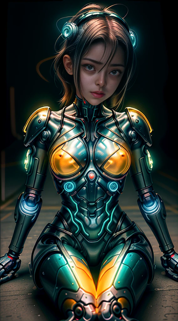 Beautiful 18-year-old cybernetic girl looking at the camera ((Agachado, sitting on ground;))Detailed bikini muscles realistic masterpiece, Pose ativa, action pose, luz LED | | |, Gold Parts, franja, cabelo curto, vista traseira, Costas,em uma cidade a noite neon