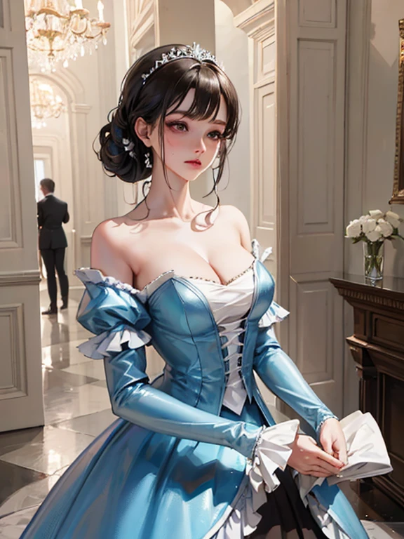 4K, masterpiece, high resolution, Complex 3D rendering of ultra-detailed beautiful porcelain contoured female face,Vivid details,（high resolution），Ultra Detail，Vivid details,（8K，original photo），（Best quality），（masterpiece），(((Full and soft breasts,)))(((Large Breasts))) (((Cleavage)))Cinderella arrives at the ballroom: Cinderella in a blue dress. Her hair was tied up in an elegant bun. The walls of the ballroom are pearl white. The guests in the banquet hall are all elegantly dressed.. Ball gowns and tuxedos. The scene is a grand banquet hall，There are chandeliers and polished marble floors. The camera used is a high-end digital SLR camera. The focus of this work is Cinderella&#39;s dancing steps. The viewing angle is slightly higher, Capturing magnificent scenes. Soft and warm lighting, creating a romantic ambiance. with a shallow depth of field, Cinderella is clearly visible，The background is slightly blurred. The shutter speed was set to freeze the action and capture the details of Cinderella&#39;s dress.. The photo is of high quality, Bright colors，Clear details. Additional Photographic Terms: Bokeh effect, Golden Hour Lighting, Large aperture, Bangs, Purple Eyes, Dark blue long hair,portrait