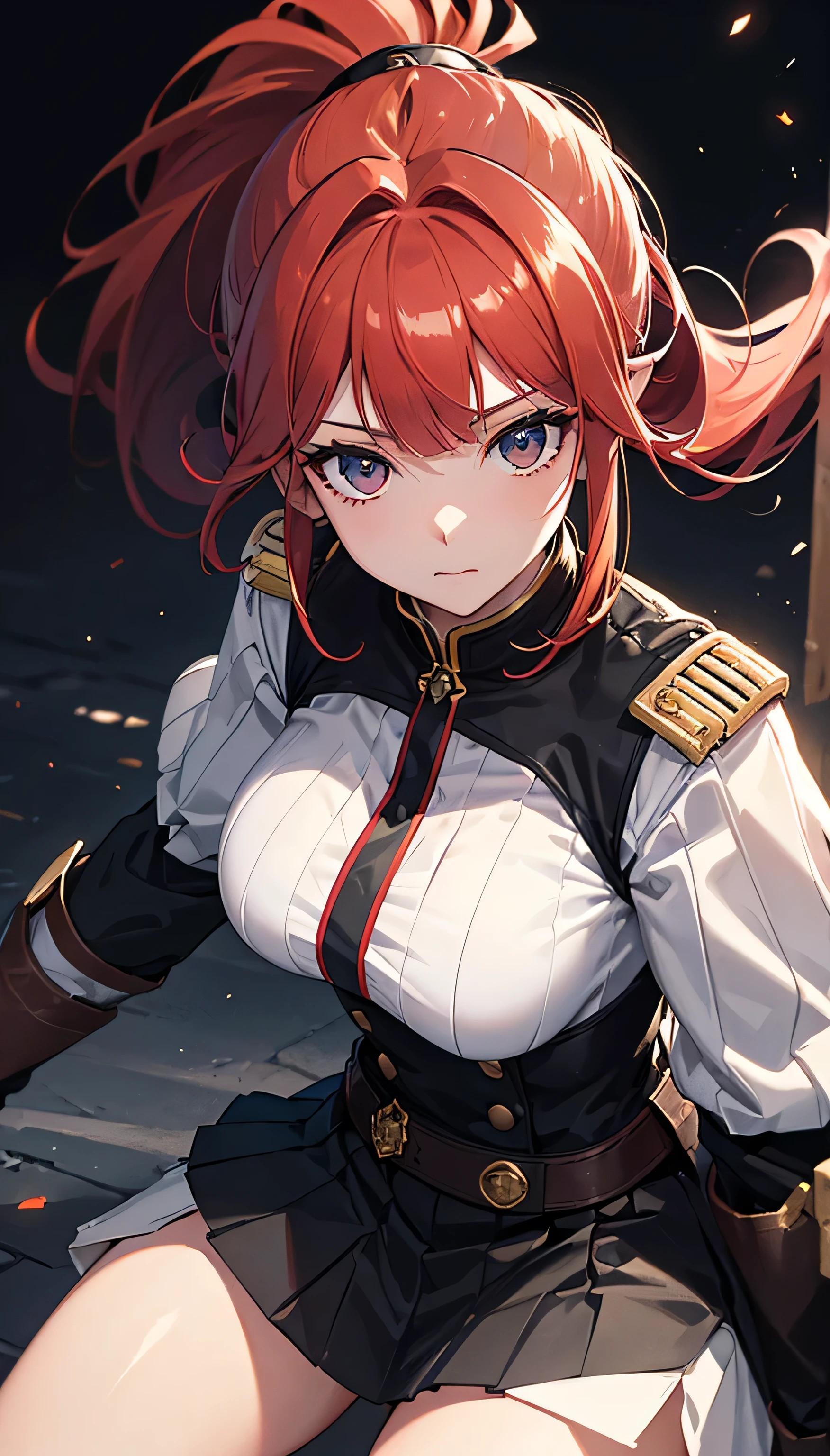 ((Top Quality)), ((Masterpiece)), (Detail), high resolution, Perfect Face, Fine Eyes, detailed eyes, Depth of Field, Special Shading, (photorealistic), (from above), looking at viewer, (1 beautiful girl), sharp eyes, Dynamic posture, large breasts, (red hair, long hair, high ponytail, blunt bangs), ((white military uniform)), pleated skirt BREAK spark up, Intense battle scenes, Light particles, (simple black background)