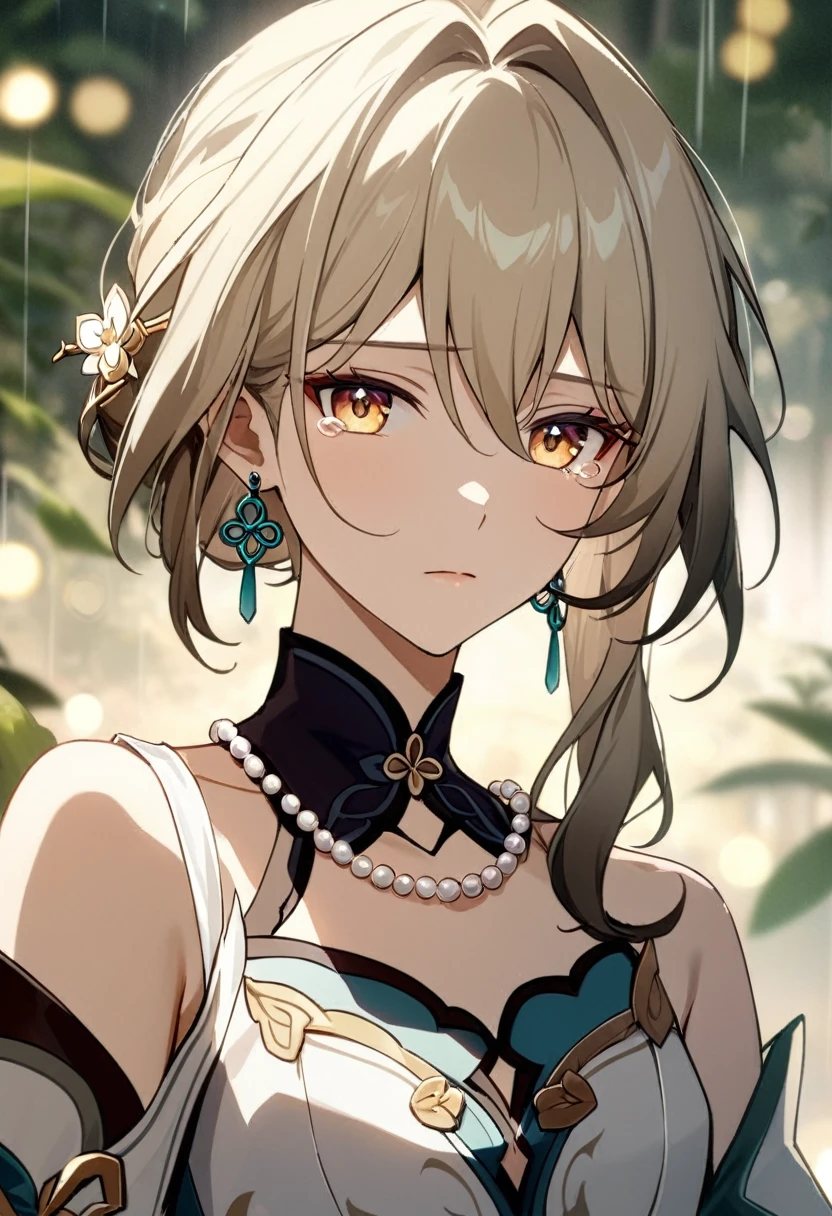 ruan_mei_(honkai:_star_rail) , calm, exspressionless, glossy lips, portrait, looking at viewer, tears, (blonde hair:1.3),, colored eyelashes, (yellow eyelashes:1.2), white clothes, office blouse, pearls, golden eyes,hairstick, sfw, modest, rain, flowers trees background, (flat chest:1.2), (masterpiece), (best quality), (ultra-detailed), very aesthetic, illustration, disheveled hair, perfect composition, moist skin, intricate details, cinematic still, emotional, harmonious, vignette, highly detailed, high budget, bokeh, cinemascope, moody, epic, gorgeous, chinese shirt, film grain, grainy, flowers, earrings, necklace