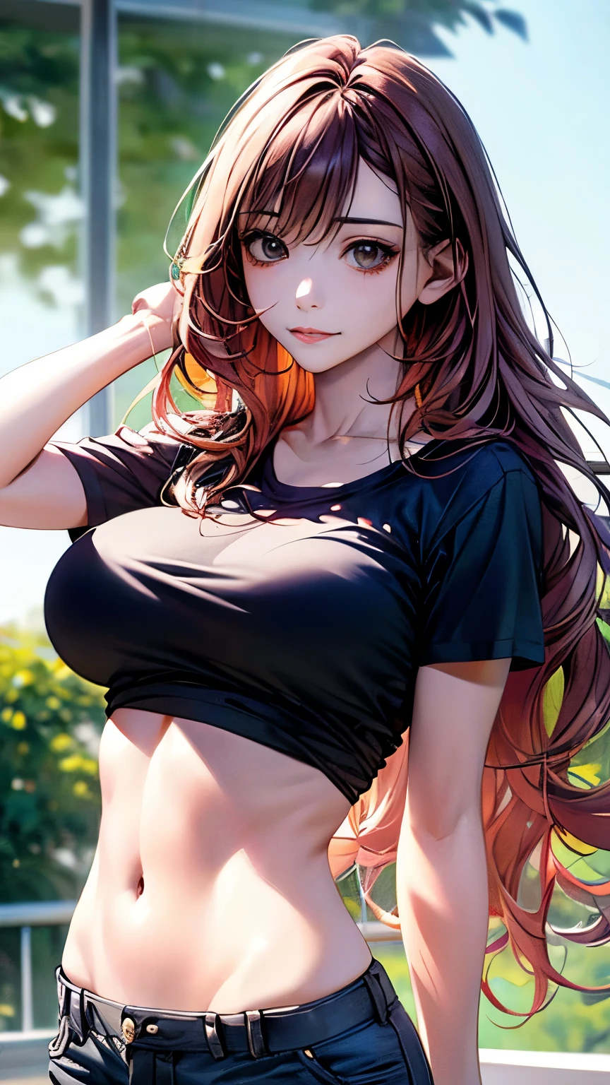 (Highest quality、8K、32k、masterpiece)、(Realistic)、(Realistic:1.2)、(High resolution)、Very detailed、(((Burstingly Big Breasts)))、((Tightens the abdomen))、Very beautiful face、1 Girl、Delicate body、(Highest quality、Attention to detail、Rich skin detail)、(Highest quality、8K、Oil paint:1.2)、Very detailed、(Realistic、Realistic:1.37)、Bright colors、Full Body Shot, (Round face, Female student:1.6, A slightly torn T-shirt), (Long hair tousled by the wind, Brown Hair)、smile、
