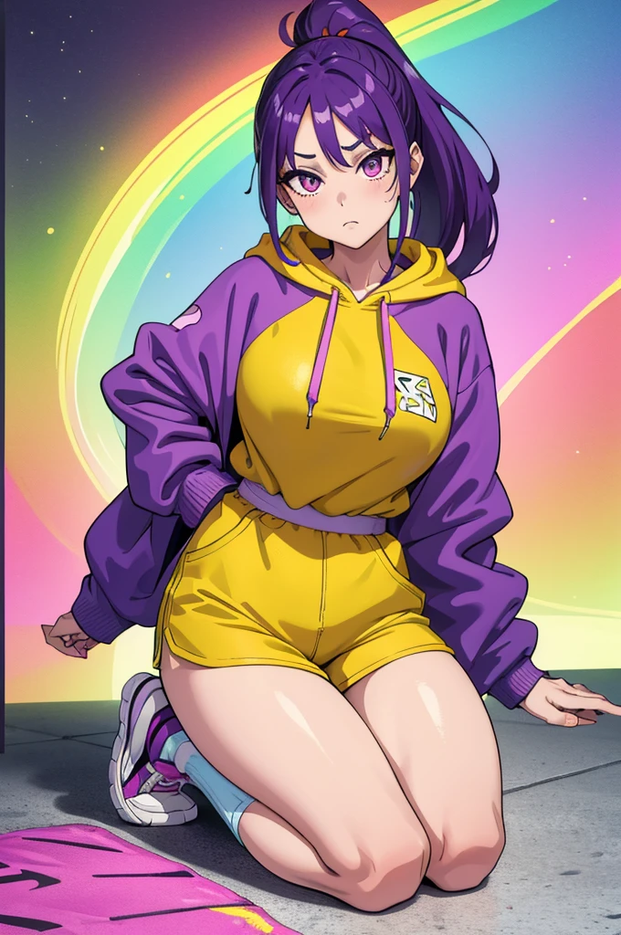 masterpiece, best quality, 1girl, purple hair, ponytail, yellow hoodie, short shorts, loose socks, sneakers, seiza, looking at viewer, large breasts, shiny skin, abstract background, vivid colors, paint splashes, rainbow theme