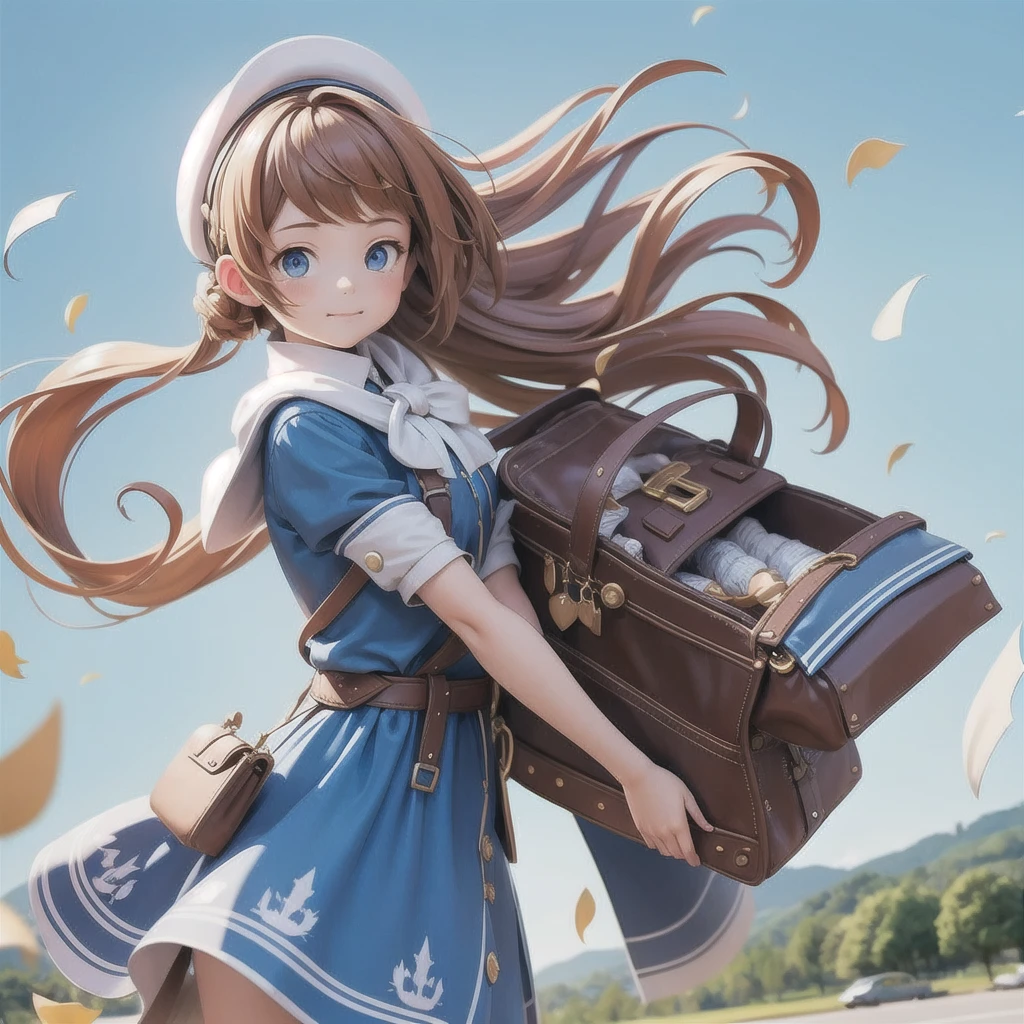 Girl 、Medieval dress with panniers、Fabric Realism、Low - Angle、I can see the drawers、Pull up the hem of your dress with your hands、Strong winds、blue sky