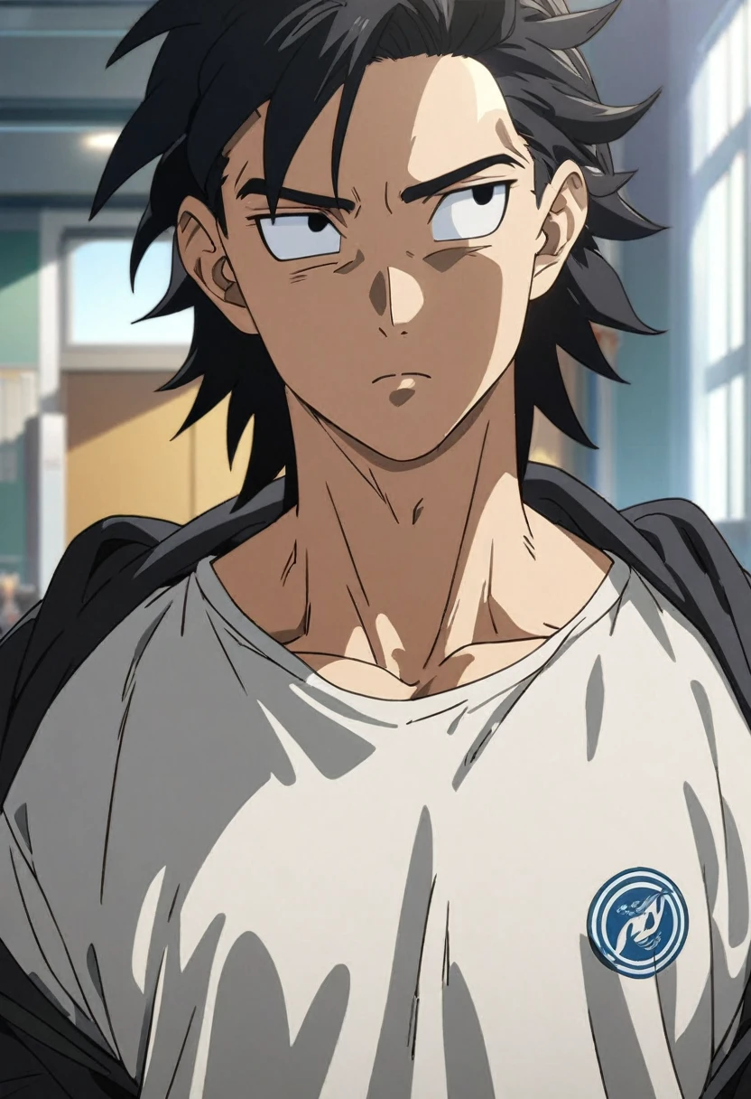A highschool boy, handsome, perfect body, black hair, short hair, mullet, black eyes, upturned eyes, expressionless, black hood, anime, first-person view, dragonball art style, masterpiece, anatomically correct, high details, highres, best quality, super detail, 1080P