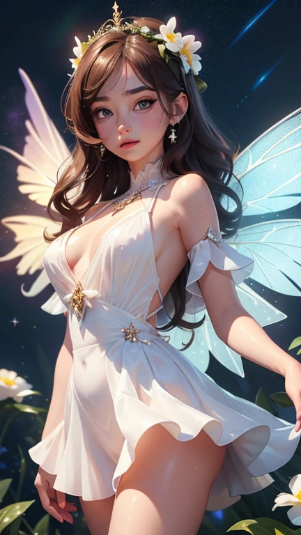 4k ultra hd, masterpiece, a girl, good face, detailed eyes, detailed lips, flower fairy girl, big wings, transparent wings, neon lights, magnificent background, wet white Transparentt dress, no bra, no Panties, bare waist, flower crown, starry sky background, divine light, attractive pose, lift skirt