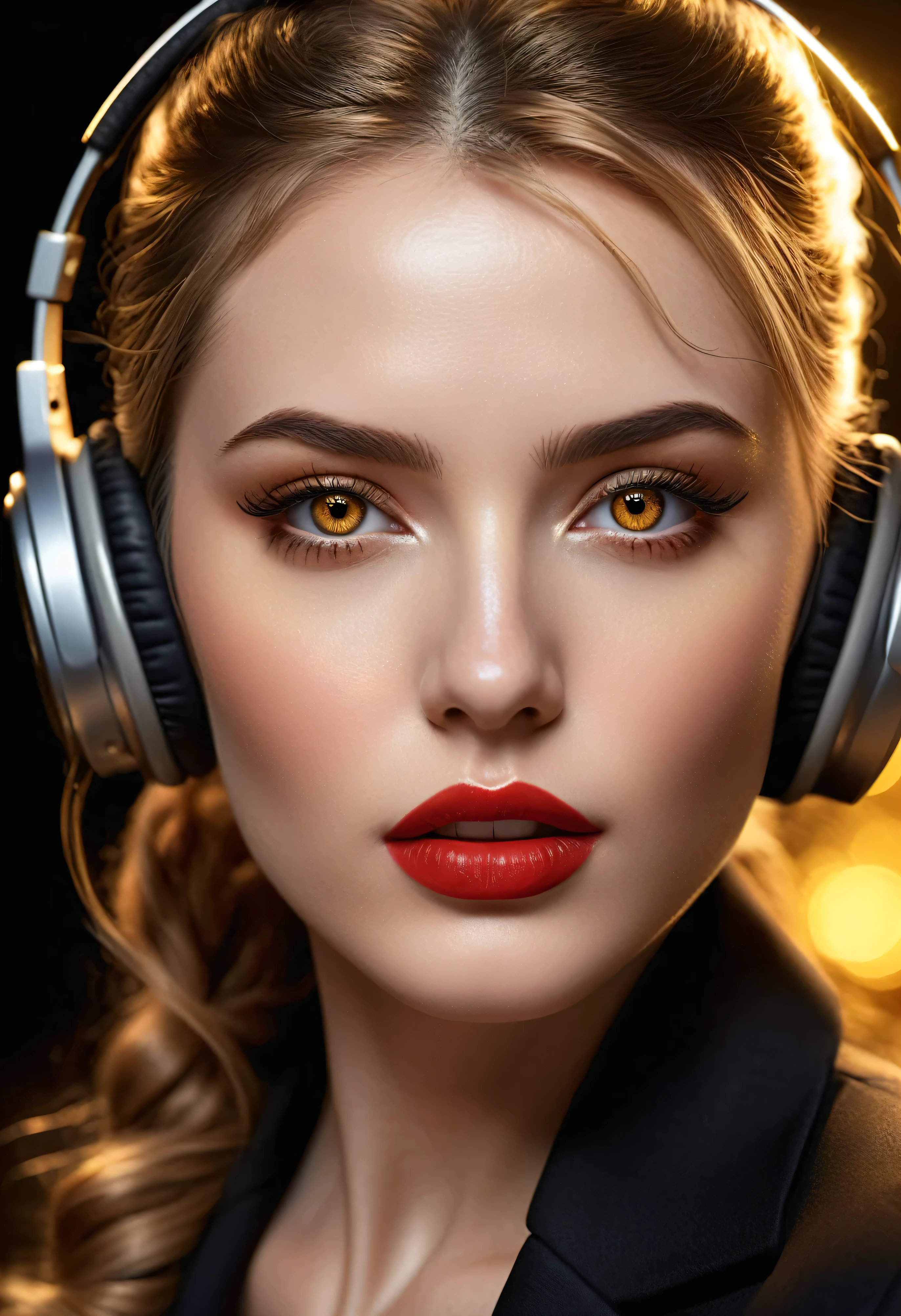 photorealistic Realism 16K Quality: ((ultra absurd details quality realistic texture skin)), (extremely beautiful face, beautiful lips, beautiful eyes), intricate detail face, ((ultra detailed skin)), Photorealistic photo (portrait) Girl, ((light particles ,Dust, Extreme camera angle)), (Best Quality,4k,hight resolution:1.2),Ultra-detailed,Realistic,Portrait,black & Gold Palette,Long flowing golden hairstyle, ((Red detailed eyes)), Vampire Liquids,radiant lighting,Detailed facial features,Dark background,Single man,in a black suit, Makeup artists do makeup for celebritieasterpiece:1.2), Best Quality, Masterpiece, hight resolution, Original, extremely detailed wallpaper, perfect lighting,(extremely detailed CGI:1.2), headphone, Madison Square New York, Traffic jam, headphone, ((woman with edge orgasm_face))、perfect eyes, headphone, headphone