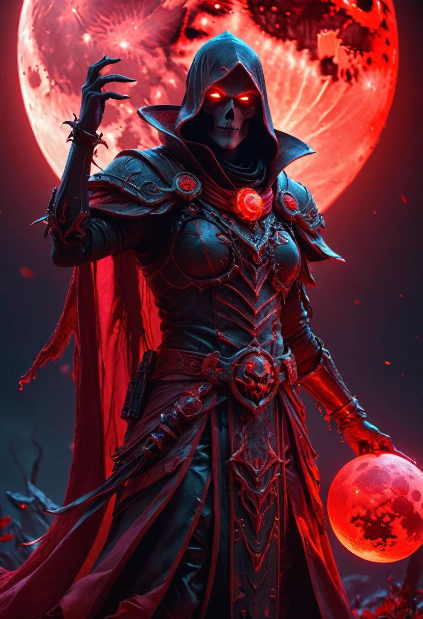 Red Necromancer, Blood Moon, Ray Tracing, masterpiece, highest quality, super high quality, Absurd detailed, best Light, Best Shadow, sharp, sharp image, detailed, extremely detailed, Amazing resolution, 8K, 4K, Ultra-high resolution, Particle Effects, Beautiful Effects, Vibrant colors, neon Light, neon, Light,