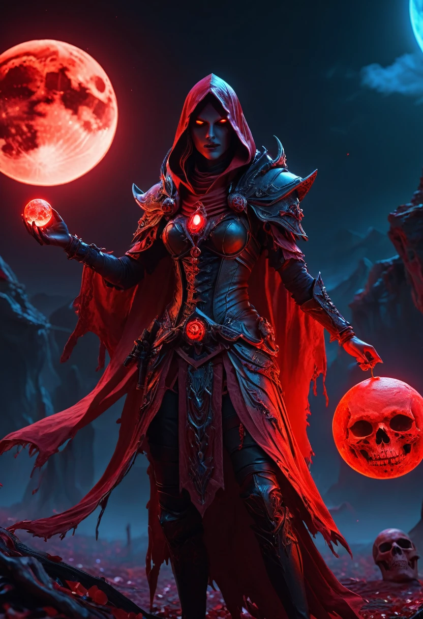 Red Necromancer, Blood Moon, Ray Tracing, masterpiece, highest quality, super high quality, Absurd detailed, best Light, Best Shadow, sharp, sharp image, detailed, extremely detailed, Amazing resolution, 8K, 4K, Ultra-high resolution, Particle Effects, Beautiful Effects, Vibrant colors, neon Light, neon, Light,
