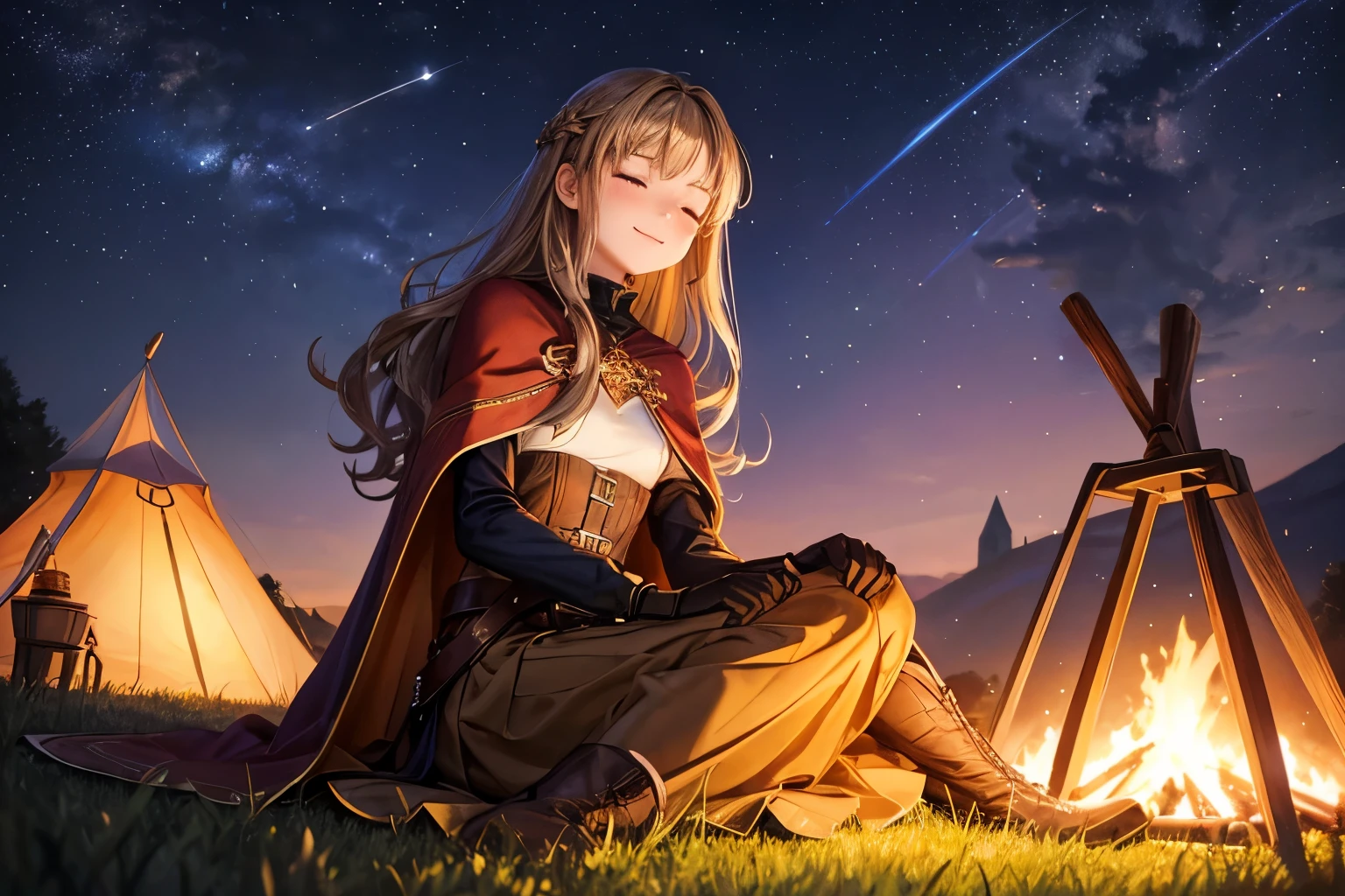 Highest quality,Highest quality,Sit in front of the bonfire, girl, straw color long wavy hair, Closed eyes,Slender,Small breasts,Small breasts, long sleeve, brown long skirt, long skirt, smile,Short cape, gloves, boots, wide leather belt,Beautiful starry sky,Wide grassland,Triangular tent