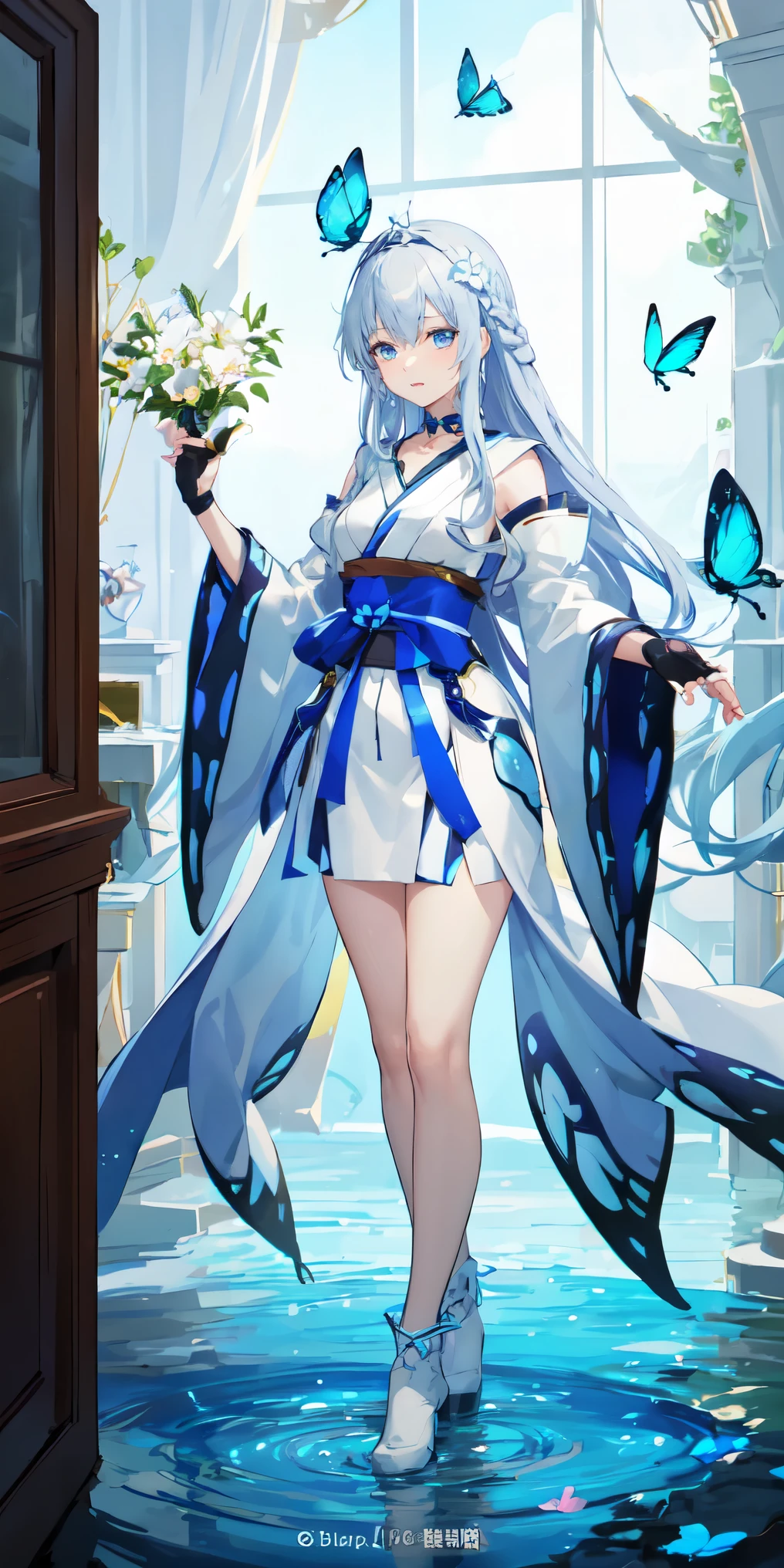 (俯瞰figure),Dynamic Angle,Super detailed, figure, close, Straight, One girl, (Fantasy:1.4), (blue eyes:1.233),Her eyes shone like dream-like stars,(Glowing Eyes:1.233),(Beautiful and detailed:1.1),(Silver Hair:1.14),(Messy Hair,Very long hair,French Braid,Hair between the eyes,Side Lock), (+(Blue Hair Flower:1.14)),(Chiffon dress,blue floral pattern on uniform)/=(uniform:1.24),(Removable sleeves,Wide sleeves),(Fingerless gloves),choker,(Shrine Maiden Knee Socks),High heel boots,(Expressionless,Mouth closed),(Are standing), (In the white ancient palace、Classic princess bedroom with dressing table and French windows),(White flower,bloom),(Deep Sea),(water flowing),(Dull Blue World Tree:1.14),(Remains),(night:1.2),dream-like,soul,(fluorescence),(Flying translucent blue butterfly:1.15), [[Delicate fingers and hands:0.55]::0.85],(Finger details),(Soup packets:0.5),