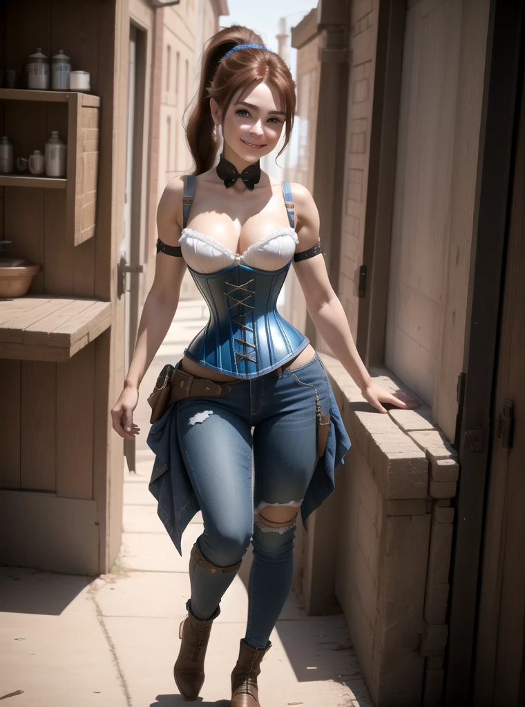 8k, masterpiece, highly detailed, 1girl, (bright blue underbust corset), jeans, sleeveless, full body, head tilt, coy smile, big ponytail, brown hair,