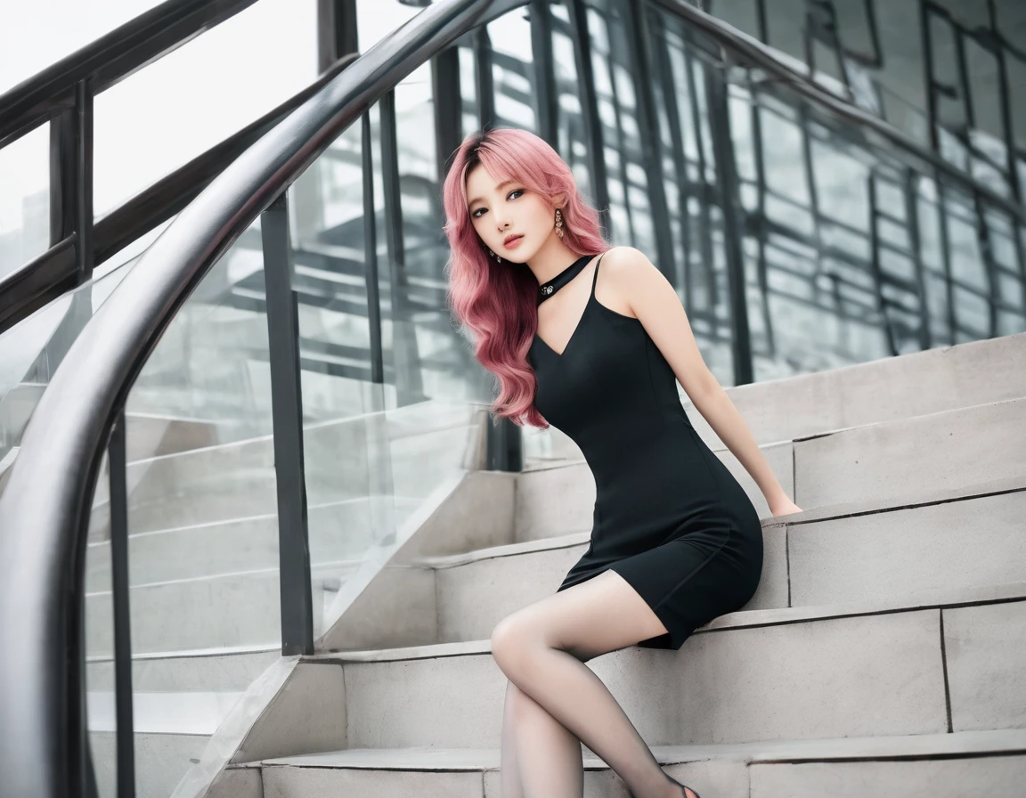 (8K,tmasterpiece,RAW photos,best qualtiy,the detail:1.2), Korean female model,with long pink hair, perfect bodies,Long legs,wavy and long hair,Arad woman in black dress and high heels poses on stairs, Sexy dress, Gorgeous young Korean woman, beautiful Korean women, wearing a tight black dress, Korean girl, full-body xianxia, wearing a black dress, gorgeous chinese models, korean women's fashion model, Black dress, revealing stylish dress, Beautiful young Korean woman, very sexy outfit, Korean woman,laced dress, tightly dress,Silk dress,see through dresses,((Pantyhose)),Ray tracing,long pink hair