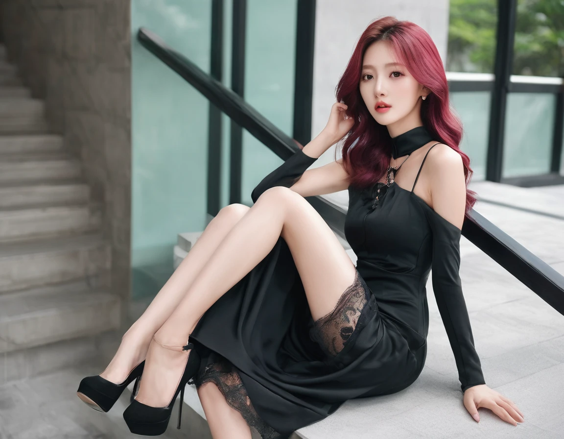 (8K,tmasterpiece,RAW photos,best qualtiy,the detail:1.2), Korean female model，with long pink hair, perfect bodies，Long legs，wavy and long hair，Arad woman in black dress and high heels poses on stairs, Sexy dress, Gorgeous young Korean woman, beautiful Korean women, wearing a tight black dress, Korean girl, full-body xianxia, wearing a black dress, gorgeous chinese models, korean women's fashion model, Black dress, revealing stylish dress, Beautiful young Korean woman, very sexy outfit, Korean woman，laced dress, tightly dress，Silk dress，see through dresses，((Pantyhose)),Ray tracing,long pink hair