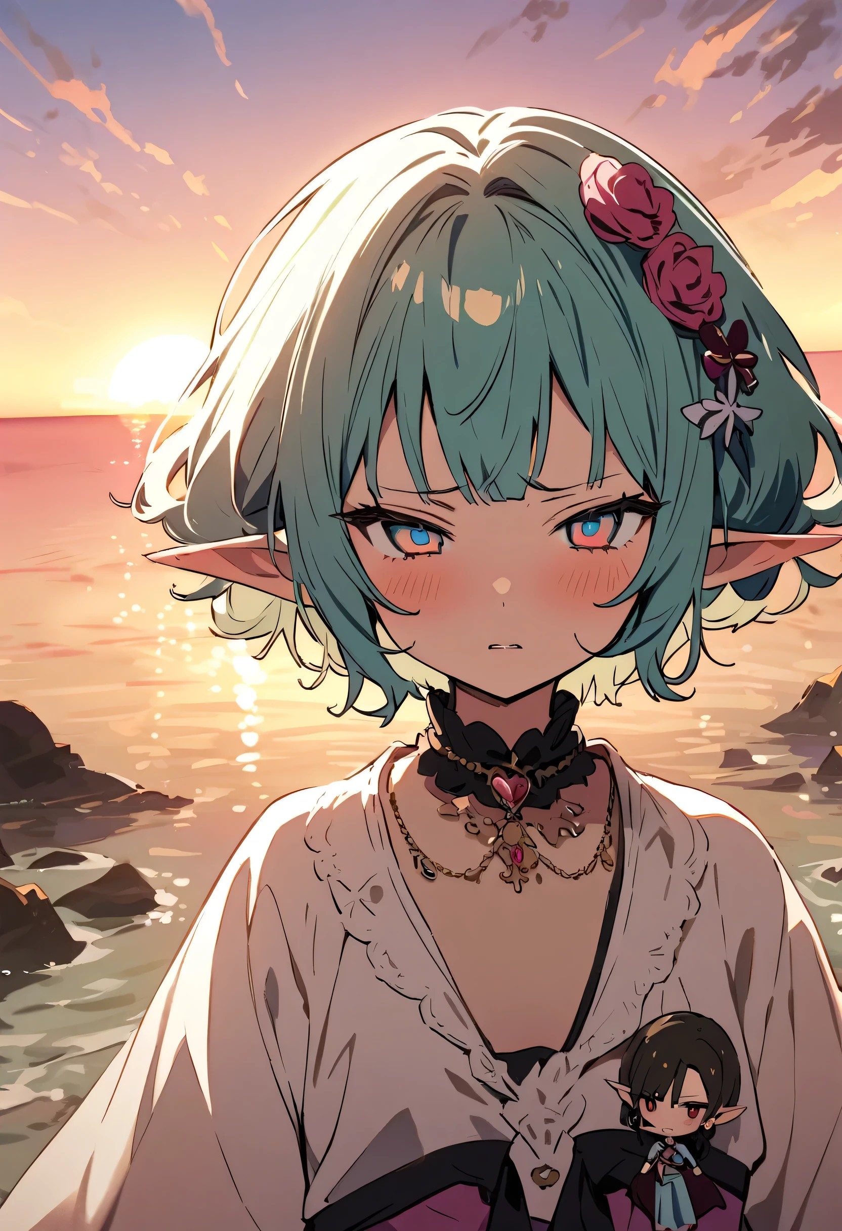 masterpiece, Highest quality, Illustration of the novel, High resolution, 18+ Adult content, Sensual, Intimate, Emotional, Passionate, romantic, sweet, Adorable, Innocent, Pure, charmな, charmな, charm, mysterious, charmな, charmな, Immersive, charmな, dream-like, Surreal, Imaginative, Whimsical, Artistic, Avant-garde, timeless, elegant, Sophisticated, chic, Sophisticated, Personality, original, charmな,((Loli Elf:1.3)),((A look of disgust:1.3))、Upper Body、(a bit),((Sunrise Time/Sunrise time/sunrise time:1.3))