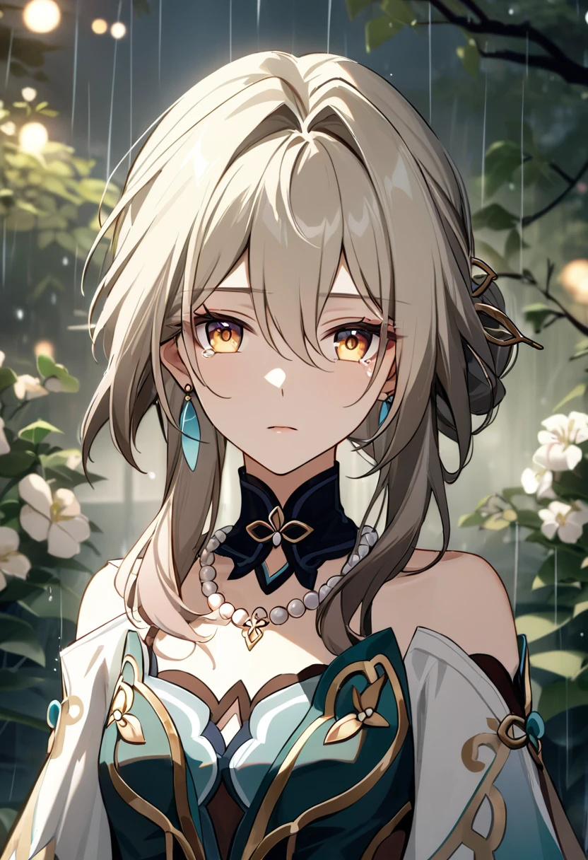 ruan_mei_(honkai:_star_rail) , calm, exspressionless, glossy lips, portrait, looking at viewer, tears, (blonde hair:1.3),, colored eyelashes, (yellow eyelashes:1.2), white clothes, office blouse, pearls, golden eyes,hairstick, sfw, modest, rain, flowers trees background, (flat chest:1.2), (masterpiece), (best quality), (ultra-detailed), very aesthetic, illustration, disheveled hair, perfect composition, moist skin, intricate details, cinematic still, emotional, harmonious, vignette, highly detailed, high budget, bokeh, cinemascope, moody, epic, gorgeous, chinese shirt, film grain, grainy, flowers, earrings, necklace, tall collar, high collar